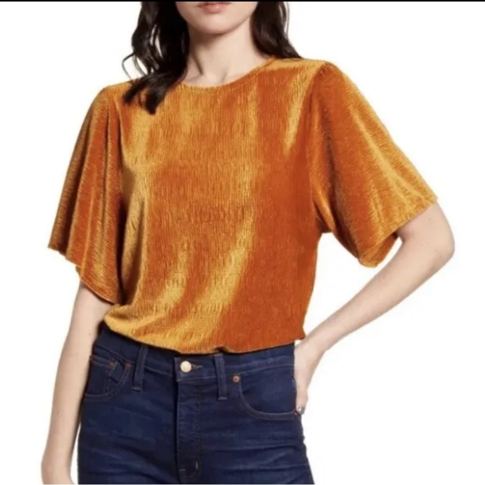 Madewell Texture & Thread Mustard Velvet Crinkle Short Sleeve Top size XS